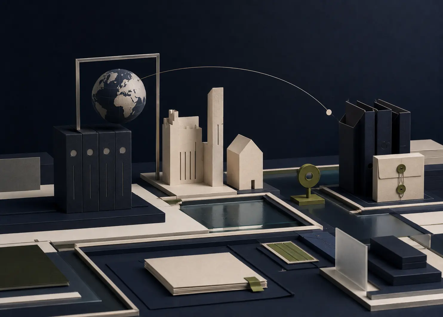Abstracte Nederlandse architectuurcompositie die een in Nederland gevestigde dienst met wereldwijde beschikbaarheid voor cliënten verbeeldt.